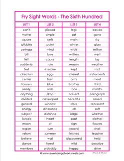 This Fry list - the sixth 100 - is a list of 100 Fry High Frequency Words for fourth and fifth grades. COlor coordinated with all our Fry resources. Fry Words List, 4th Grade Worksheets, Fry Words, Fry Sight Words, High Frequency Words, 100 Words, Word List, High Frequency, Flash Cards