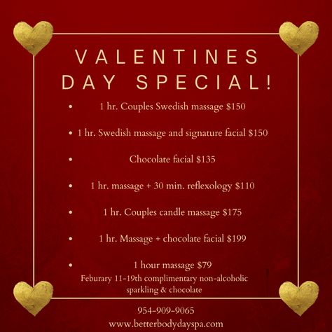 Valentines Day Specials are here! Couples massages, Chocolate facials, you don't want to miss out! Book today by giving us a call at 954-909-9065! Valentine Facial Special, Valentine’s Day Spa Specials, Valentine Massage, Chocolate Facial, Esthetician School, Therapy Business, Spa Specials, Massage Therapy Business, Spa Marketing