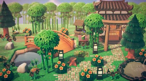 Japanese Acnh Island, Zen Acnh, Acnh Villager Yard Ideas, Acnh Bamboo, Acnh Villager Yard, Happy Home Academy, Acnh Dark Academia, Map Design Ideas, Waterfall Landscaping