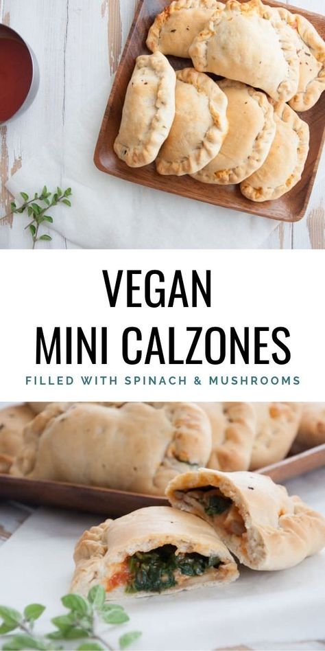 Vegan Mini Calzones filled with spinach, mushrooms, and homemade vegan cheese | ElephantasticVegan.com #vegan #calzone #pizzapockets #partyfood #snack Mini Calzones Recipes, Vegan Calzone, Homemade Vegan Cheese, Mini Calzones, Pizza Vegana, Makanan Diet, Vegan Appetizers, Vegan Pizza, Best Vegan Recipes