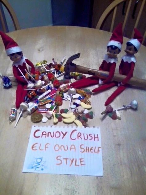 Candy crush Candy Crush Elf On The Shelf, Elf On The Shelves, Elf Shenanigans, Elf On A Shelf, Awesome Elf On The Shelf Ideas, Elf Magic, Xmas Elf, Elf Activities, Elf Antics