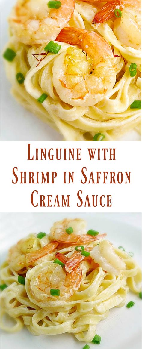 Linguine with Shrimp in Saffron Cream Sauce Saffron Pasta Recipe, Saffron Sauce Recipes, Saffron Pasta, Saffron Cream Sauce, Linguine With Shrimp, Saffron Sauce, Saffron Cream, Food Entrees, Seasoned Shrimp