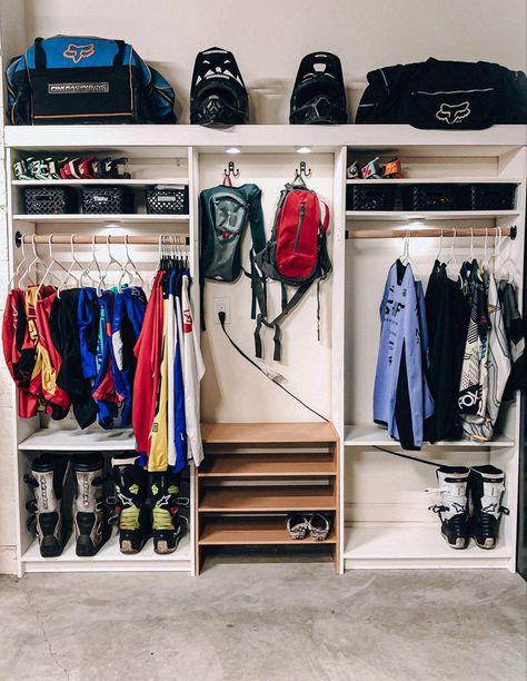 Moto Gear Storage, Motocross Garage Ideas, Dirt Bike Gear Storage, Motocross Gear Storage, Motocross Room Ideas, Dirtbike Room Ideas, Dirt Bike Garage, Motocross Bedroom Decor, Bike Gear Storage