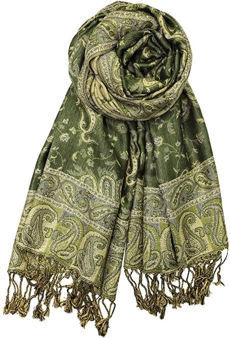 Achillea Soft Silky Reversible Paisley Pashmina Shawl Wrap Scarf w/Fringes (Dark Olive) at Amazon Women’s Clothing store Silk Scarf Outfit, Scarf Aesthetic, Big Scarf, Pretty Scarves, Boho Scarfs, Sheer Scarf, Polyester Scarf, Paisley Scarves, Striped Scarves