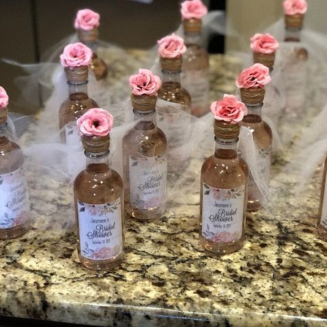 Wine Themed Centerpieces Bridal Showers, Wine Bottle Party Favors, Bridal Shower Wine Glass Favors, Petals And Prosecco Centerpieces, Bridal Shower Game Prizes, Chanel Bridal Shower, Mini Wine Bottle Favors, Chanel Bridal, Wine Bottle Favors