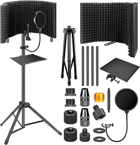 Dmsky Microphone Isolation Shield with Pop Filter & Tripod Stand, Foldable Mic Shield with Triple Sound Insulation, High Density Mic Sound Shield for Recording Studio, Podcasts, Singing, Broadcasting Recording Studio Equipment, Audio Waves, Electric Music, Home Recording Studio, Usb Microphone, Recorder Music, Studio Equipment, Tripod Stand, Sound Card