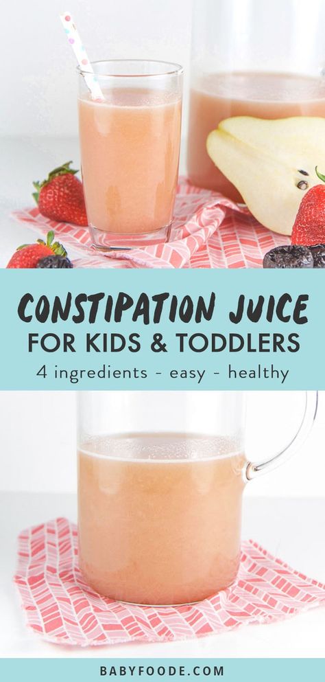 This homemade constipation juice is the perfect natural constipation remedy for both toddlers and older kids alike - no juicer required! This healthy juice is made in the blender with fresh pears, strawberries, prunes and a touch of honey. It's a homemade remedy that really works and that your kids will love to drink! #kids #toddlers #constipation #juice Smoothie Bowl Vegan, Natural Constipation Remedies, Constipation Remedies, Homemade Juice, Healthy Toddler Meals, Toddler Snacks, Homemade Remedies, Homemade Baby, Detox Juice