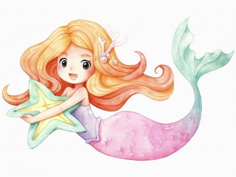 Cartoon cute valentines day doodle many hearts vector. | Premium Vector Little Mermaid Characters, Starfish Pillow, Mermaid Illustration, Mermaid Fabric, Watercolor Mermaid, Kawaii Illustration, Cute Mermaid, Fabric Panel, Digital Print Fabric