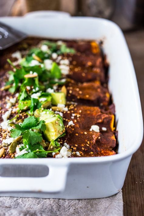 Roasted Butternut Enchiladas with Quick Mole Sauce| Feasting at Home Butternut Squash Enchiladas, Mole Enchiladas, Mole Recipe, Feasting At Home, Delicious Vegetarian Dinner, Black Bean Enchiladas, Vegetarian Enchiladas, Bean Enchiladas, Mole Sauce