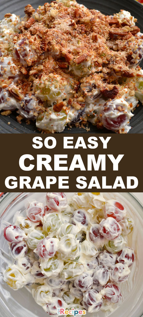 This creamy grape salad is always a crowd favorite during get-togethers. It’s garnished with a crunchy touch of pecans and some sweet brown sugar. Grape And Walnut Salad, Alabama Grape Salad, Southern Grape Salad, Fruit Salad With Grapes, Butterfinger Grape Salad, Easy Side Dishes For Party, Desserts With Grapes, Grape Salad With Brown Sugar, Recipes Using Grapes