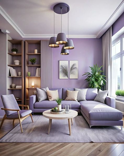 Modern home decor with soft colors #homedecor #modernhouse #softcolors #homeideas #interiordesign #homedesign Purple Sitting Room, Modern Purple Living Room, Light Purple Couch, Pastel Purple Interior, Lilac Living Room Ideas, Lavender Living Rooms, Purple Sofa Living Room Ideas Modern, Lavender Velvet Sofa, Lilac Interior Design Lavender