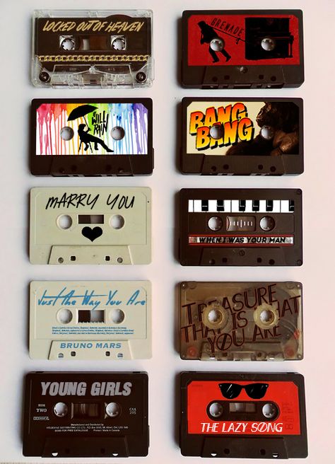 Bruno Mars singles on cassets Cassette Tape Crafts, Cassette Tape Art, Wicked Crafts, Record Painting, Design Tape, Tape Projects, Tape Painting, Retro Gadgets, Wall Painting Decor