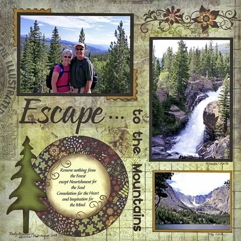 Layout: Escape to the Mountains Alaska Scrapbook, Camping Scrapbook, Scrapbooking Layouts Travel, Travel Scrapbook Pages, Vacation Scrapbook, Scrap Booking Ideas, Have Inspiration, Scrap Ideas, Scrapbook Stuff