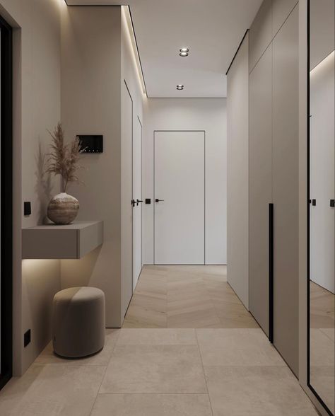 Modern Minimalist Hallway, Contemporary Hallway Ideas, Beige Corridor, Hall Entrance Design, Corridor Design Home, Corridors Design Home, Corridor Interior Design, Hallway Beige, Corridor Ideas