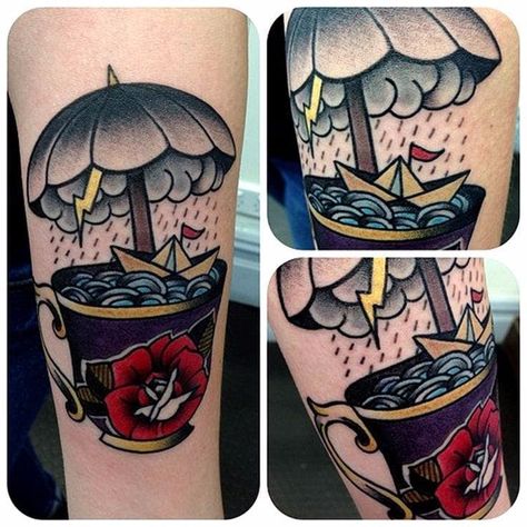 Tattoo uploaded by Xavier | Storm in a teacup tattoo by Nat G. #storminateacup #storm #umbrella #teacup #tea #cup #wave #NatG | 20313 | Tattoodo Teacup Tattoo, Umbrella Tattoo, Storm In A Teacup, Cup Tattoo, Hawaiian Tattoo, Traditional Ink, 1 Tattoo, American Traditional Tattoo, Old School Tattoo