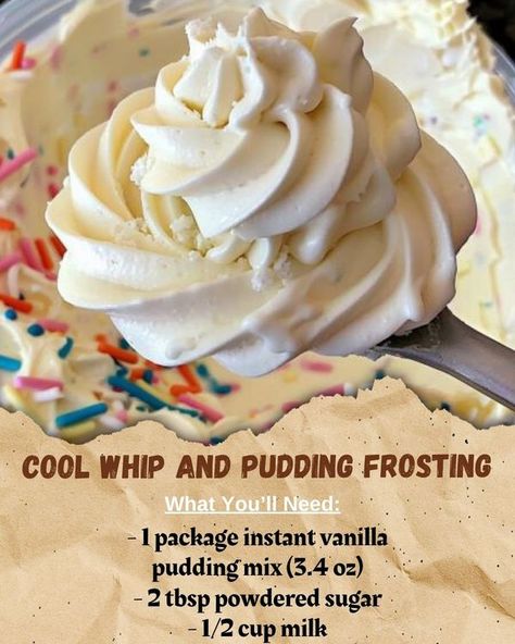 Cool Whip And Pudding, Pudding Frosting, Vanilla Pudding Mix, Fruit Dip, Vanilla Pudding, Cool Whip, Cakes Cupcakes, Quick Recipes, Powdered Sugar