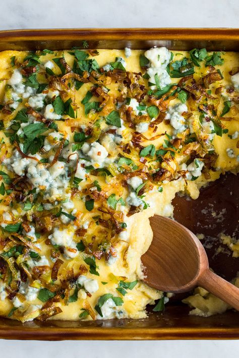 Gorgonzola Polenta, Crispy Leeks, Fried Leeks, Pressure Cooker Spaghetti, Gorgonzola Recipes, Ny Times Recipes, Baked Polenta, Blue Cheese Recipes, Nyt Recipes