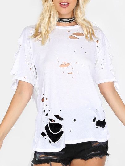 Shop Distressed Round Neck Tee WHITE online. SheIn offers Distressed Round Neck Tee WHITE & more to fit your fashionable needs. Ripped Shirts, Punk T Shirt, Distressed Tee, Round Neck Tees, V Neck Tee, Cotton Tops, White Tshirt, Diy Clothes, Fashion Clothes Women