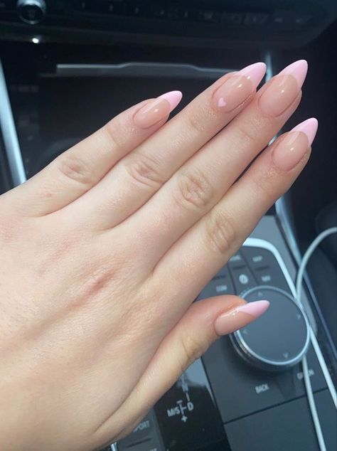 Small Tip French Nails, Pink French Nails Almond Shape, Nail Inspo Almond French Tip Pink, Almond Acrylic Nails French Tips Pink, Nail Inspo Almond Pink French, Spring Break Nail Inspo 2023, Almond Nails Light Pink Design, French Tips Acrylic Pink, Pink French Tip Almond Acrylic Nails