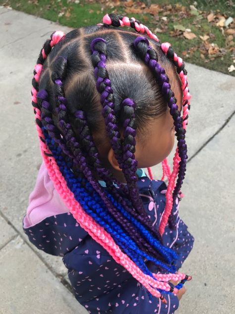 Purple And Pink Braids, Pink Purple Braids, Blue And Purple Box Braids, Black And Purple Braids With Curls, Pink Purple Blue Box Braids, Colorful Box Braids, Purple Peekaboo Hair, Expression Braids, Blue Box Braids