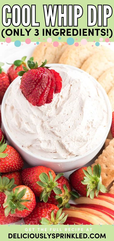 Here's a dessert dip that doubles as an easy appetizer or snack idea! It's a perfect football party food. Sweet, creamy, and wonderfully fluffy, this fruit dip with Cool Whip is a crowd-pleaser. Put this Cool Whip Dip on your game day recipes! Fruit Dip With Cool Whip, Cool Whip Dip, Party Food Sweet, Dip With Cool Whip, Cool Whip Fruit Dip, Baked Fruit Desserts, Dessert Dip Recipes, Cool Whip Desserts, Game Day Recipes