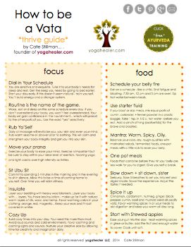 Vatas: Print Your Thrive Guide Vata Recipes, Vata Pacifying, Vata Diet, Ayurveda Vata Dosha, Vata Pitta Kapha, Ayurveda Dosha, Pitta Kapha, Ayurveda Vata, Ayurveda Diet