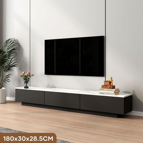 Storage Drawers White Faux Marble Top Now: $169.95 #tvunit #tvcabinet #consoletable #entertainment #television #storage Tv Unit Cabinet, Black Tv Unit, Stylish Living Room Furniture, Wooden Tv Unit, Television Stand, Black And White Living Room, White Furniture Living Room, Black Tv, Wooden Console Table