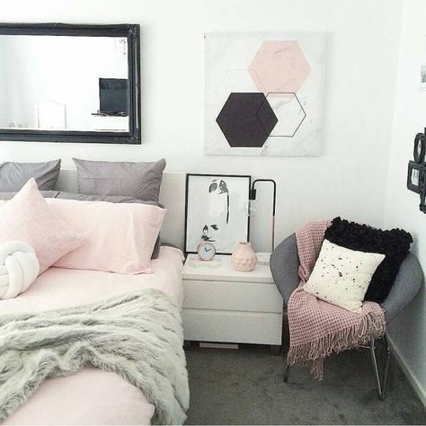 Pink black grey white minimalist bedroom and apartment decor Apartment Decorating Black, College Bedroom Apartment, Pink Bedroom Design, White Bedroom Design, Pink Bedroom Decor, Apartment Bedroom Decor, Dekorasi Kamar Tidur, Apartment Bedroom, Grey Room