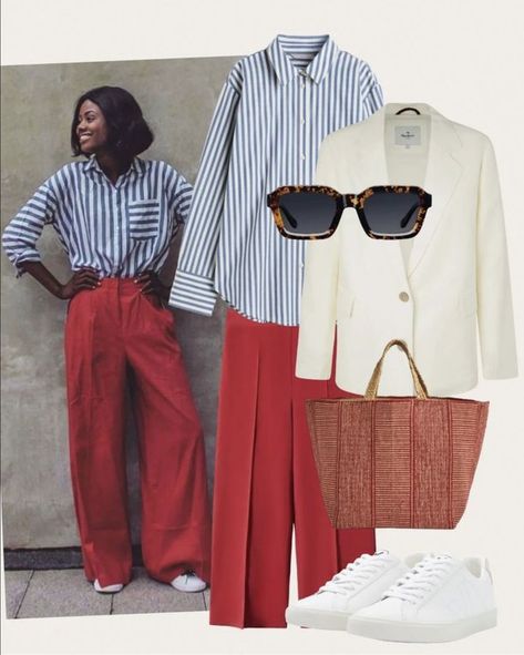 https://pin.it/5nuLNo8Dg Red Trousers Outfit, Outfits For Women Over 50, White Outfits For Women, Outfits Styling, Color Combos Outfit, Red Trousers, Moda Jeans, Cooler Look, Red Pants