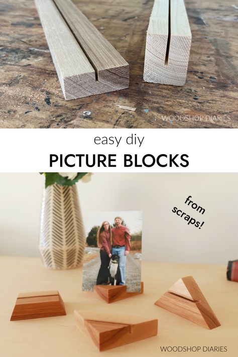 DIY Wood Block Photo Stand Wood Stand Diy, Wood Diy To Sell, Diy Wood Cell Phone Stand, Diy Wooden Picture Holder, Easy Homemade Wooden Gifts, Diy Wood Picture Holder, Diy Wood Gift Projects, Diy Leftover Wood, Handmade Gifts Wood