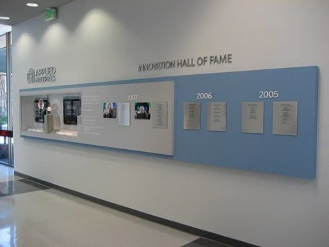 Applied Materials Innovation Hall of Fame Display on Behance Display Wall Design, Car Showroom Interior, Exhibit Design Inspiration, Signage Light, Office Space Planning, Corporate Interior Design, Corridor Design, History Wall, Timeline Design