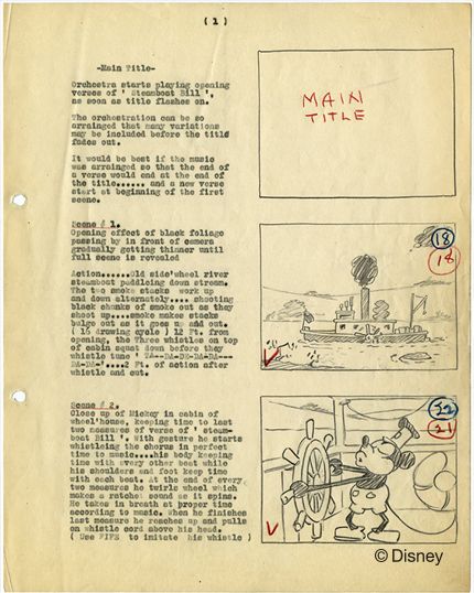 An original script and storyboard for Steamboat Willie, 1928 | 23 Incredible, Rarely-Seen Photos From The Disney Archives Disney Storyboard, Ub Iwerks, Mickey Mouse Shorts, Steamboat Willie, Walt Disney Animation, Vintage Disneyland, Disney Concept Art, Disney Studios, Steam Boats