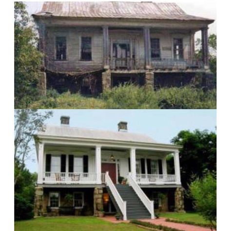 Greek Revival style restored Hardaway House (circa 1842) source: ellebrightdesigns Old Farmhouse Remodel, Scary Houses, House Makeovers, House Before And After, Farmhouse Renovation, Home Exterior Makeover, Living Vintage, Farmhouse Remodel, This Old House