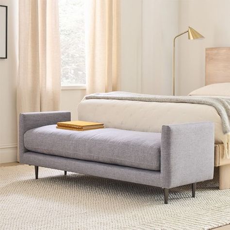 Modern Bedroom Benches & Ottomans | West Elm Bedroom With Bench At End Of Bed, Bedroom Bench Modern, End Of Bed Seating, Stylish Ottomans, Leather Storage Ottoman, Dark Pewter, End Of Bed Bench, Bed Bench, Master Bed