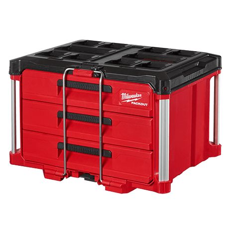 The MILWAUKEE® PACKOUT™ 3-Drawer Tool Box has a 50lb weight capacity, a locking security bar, and adjustable dividers for customized storage. Milwaukee Tool Box, Milwaukee Packout, Tool Box Storage, Milwaukee Tools, Modular Storage, Drawer Dividers, Metal Ball, 3 Drawer, Ball Bearing