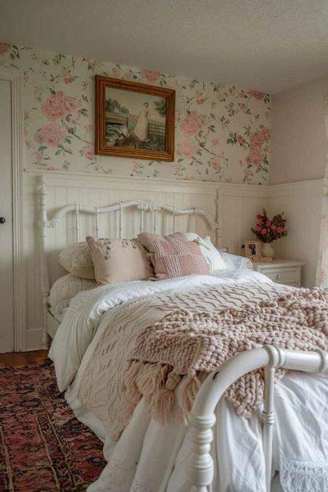 28 Cottage Core Bedroom Decor Ideas » Lady Decluttered Farmhouse Girls Bedroom Ideas, Country Core Bedroom, Floral Farmhouse Decor, Farmhouse Bedroom With Fireplace, Granny Bedroom Aesthetic, Old Lady Bedroom Aesthetic, Girls Farmhouse Bedroom Ideas, Bedroom White And Wood, Grandma Chic Bedroom