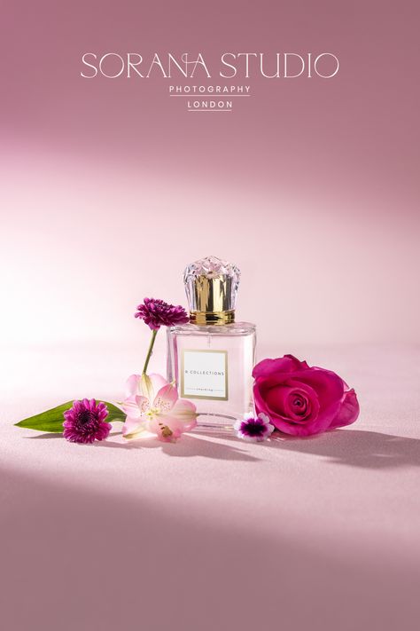 Perfume product photography styling using pink flowers. Feminine perfume creative ideas. Perfume Photography Ideas, Perfume Product Photography, Perfume Creative, Perfume Product, Product Photography Styling, Commercial Product Photography, Feminine Perfume, Product Photography Studio, Pink Photography