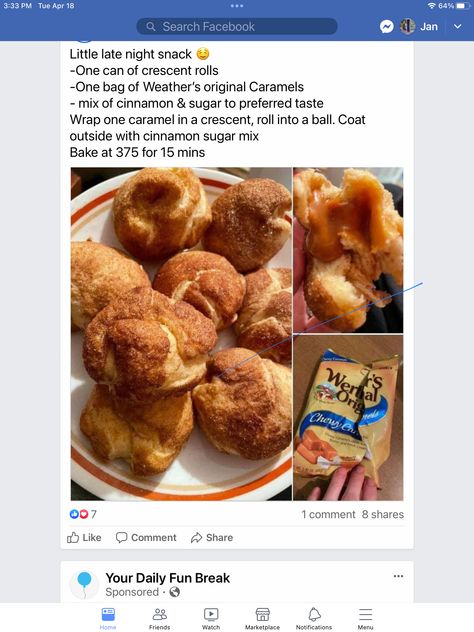 Pot Luck Desserts, Stuffed Crescent Rolls, Caramel Bites, Fun Baking Recipes, Crescent Rolls, Cooking Recipes Desserts, Cinnamon Sugar, Food Obsession, Interesting Food Recipes