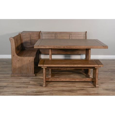 Laurel Foundry Modern Farmhouse Villepinte 4 - Piece Solid Wood Breakfast Nook Dining Set | Wayfair Wood Breakfast Nook, Corner Kitchen Table, Rustic Breakfast, Breakfast Nook Set, L Shaped Bench, Nook Dining, Breakfast Nook Dining Set, Nook Dining Set, Bench With Back