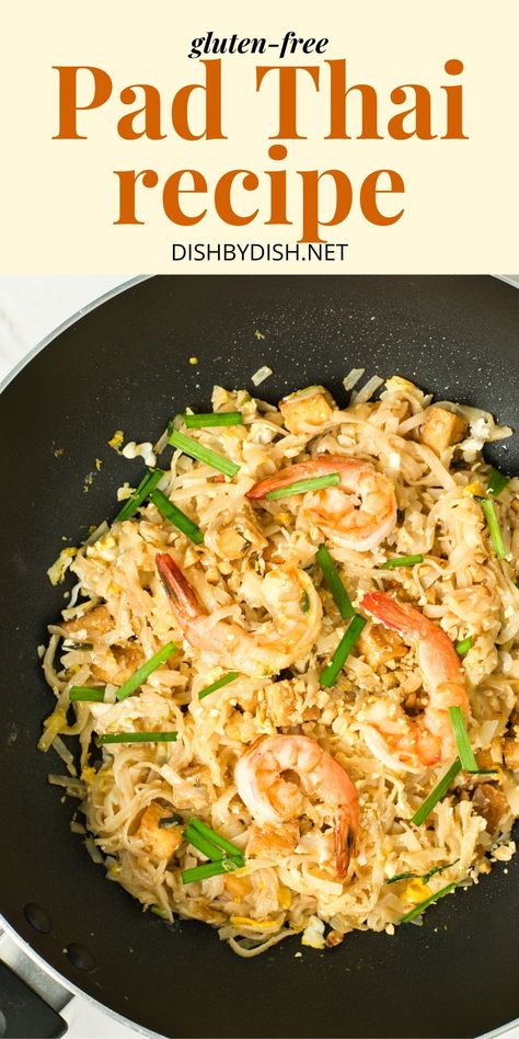 Flavorful, tasty, and easy, this gluten-free pad thai recipe is the perfect main dish for satisfying your craving for Asian food! Swap out the shrimp for another protein or leave it out to make it vegetarian. No matter what, you're definitely going to enjoy it. Totally dairy-free too. Gluten Free Pad Thai, Thick Rice Noodles, Vegetarian Pad Thai, Pad Thai Sauce, Pad Thai Noodles, Pad Thai Recipe, Thai Recipe, Soy Recipes, Vegan Fish