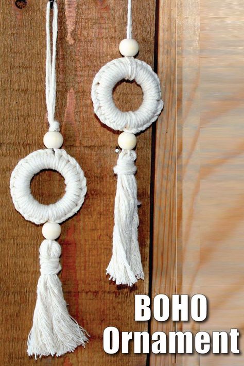 Make an adorable BOHO ornament using a wood ring, wood beads, and twine! GREAT DIY Christmas Ornament! #diyonthehouse Wooden Curtain Rings, Boho Ornaments, Wooden Curtain, Circle Rings, Wood Curtain, Diy Christmas Ornament, Average Joe, Wood Circles, Curtain Rings