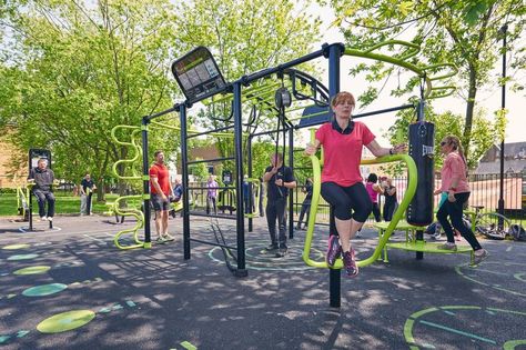 Outdoor exercise equipment is a common feature of multigenerational playgrounds.  This calisthenics rig, above,... Outdoor Gym Equipment, Adult Playground, Happy Rock, Jogging Track, Outdoor Fitness Equipment, Aging Population, Outdoor Park, Interior Design Presentation, 365 Project