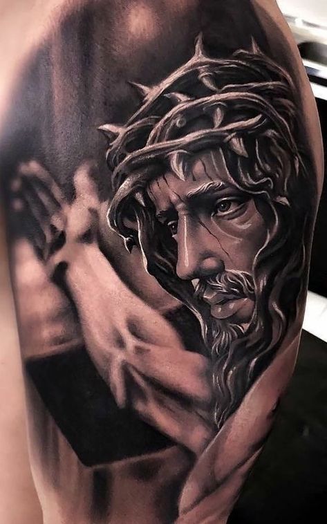 Jesus Tattoo Sleeve, Religious Tattoo Sleeves, Christus Tattoo, Jesus Christ Tattoo, Jesus Tattoo Design, Catrina Tattoo, Heaven Tattoos, Christ Tattoo, Religious Tattoo