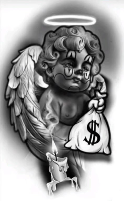 Tato Realis, Money Bag Tattoo, Chicanas Tattoo, Chicano Tattoos Sleeve, Cherub Tattoo, Half Sleeve Tattoos Drawings, Tattoo Lettering Design, Realistic Tattoo Sleeve, Gangsta Tattoos