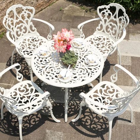 Bloomsbury Market Aguallo 4 - Person Round Outdoor Dining Set | Wayfair Garden Chairs Outdoor Metal, Outdoor Table And Chairs, Chair Balcony, Round Patio Table, Aluminium Garden Furniture, European Garden, Bistro Table Outdoor, Garden Courtyard, Waterproof Sunscreen