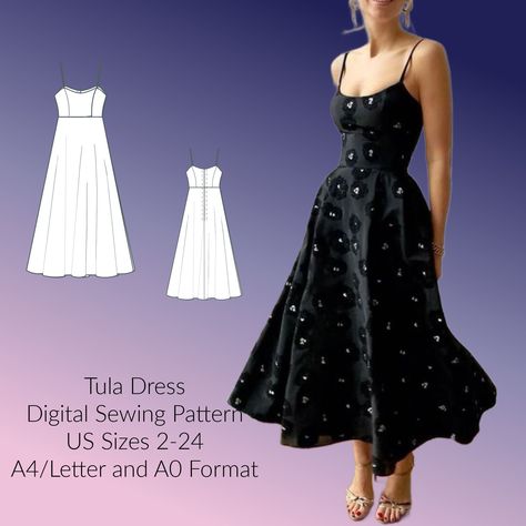 Tula Sundress - Spaghetti Straps - Digital Sewing Pattern - US Sizes 2-24 - A4/Letter & A0 Format Dress Top Sewing Pattern, Sew Wedding Guest Dress, Simple Dresses To Make, Starter Sewing Patterns, Tea Length Dress Pattern, Women’s Dress Sewing Patterns, Strappy Dress Pattern, Easy Dress Patterns For Beginners, Whimsical Sewing Patterns