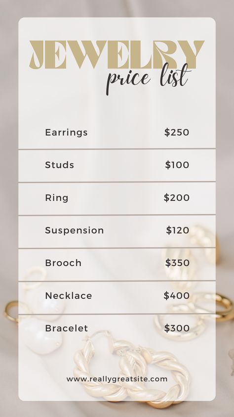 Jewelry Price List Design, Pricelist Design Templates Free, Price List Ideas, Beige Jewelry, Jewellery Advertising, Price List Design, Aesthetic Business, Canva Business, Minimalistic Aesthetic