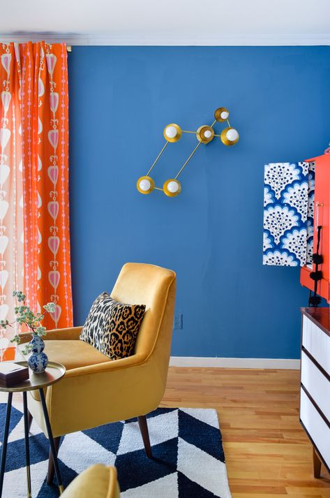 Our Mid Mod Eclectic Living Room is complete! It packs a punch and mixes old with new, through colour and pattern. #mcm #midmod #eclectichome # livingroom #mcmlivingroom Modern Living Room Blue, Apartment Ikea, Mcm Living Room, Living Room Blue, Eclectic Wallpaper, Living Room Wall Color, Eclectic Living, Sazerac, Room Blue