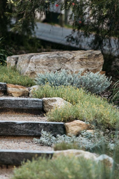 Australian Garden Design, Australian Native Garden, Garden Stairs, Sloped Garden, Australian Garden, Garden Steps, Coastal Gardens, Have Inspiration, Mediterranean Garden