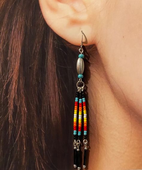 "Glass Toho Beads/ Silver Plated Wires/ 4\" Long/ Glass Tube Beads/One of a Kind Design" Beaded Dentalium Earrings, Silver Glass Beaded Dangle Earrings, Straight Earrings, Native Beaded Cab Earrings, Southwestern Black Beaded Dangle Earrings, Earrings 2024, Native American Beaded Earrings Inspire Uplift ⭐, Braided Bracelet Diy, Silver Smithing